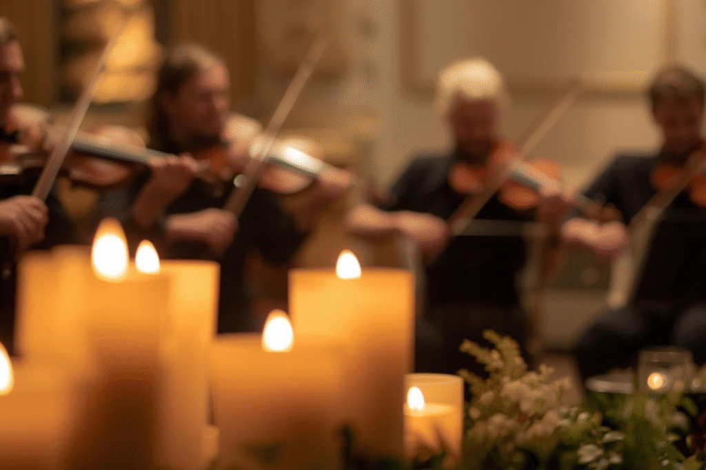 Quatuor à cordes en plein concert à la lueur de milliers de bougies led